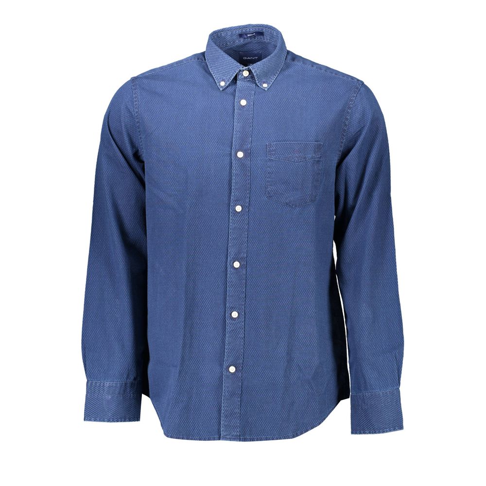 Shirt by Gant for men in cotton blue & signature showcases a sharp silhouette, elegantly detailed with a sharp button-down-collar neckline and sharp long-sleeve.