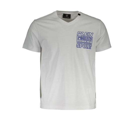 T-Shirt by Plein Sport for men in cotton white, signature & print showcases a chic silhouette, artfully detailed with a chic v-neck neckline and short-sleeve for a chic finish.