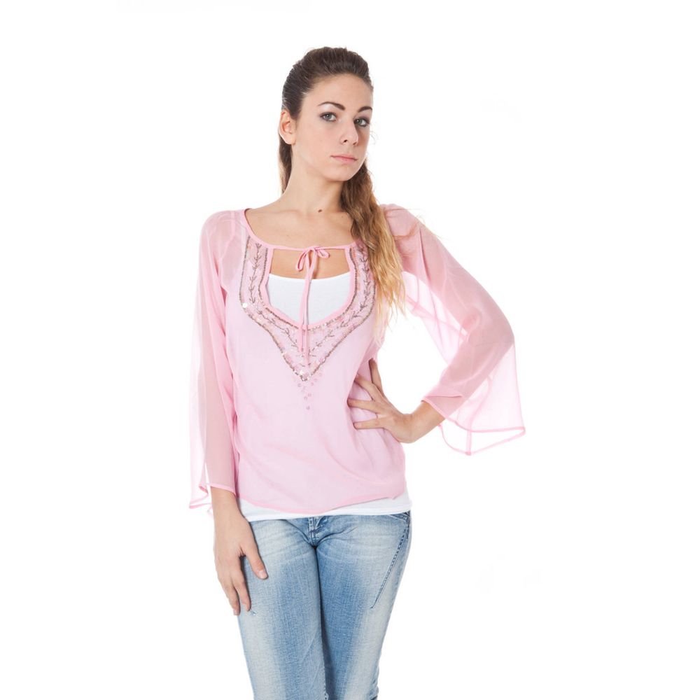 T-Shirt by Phard for women in silk & sequins pink features a plush silhouette, showcasing a sophisticated v-neck neckline and for a truly plush finish.