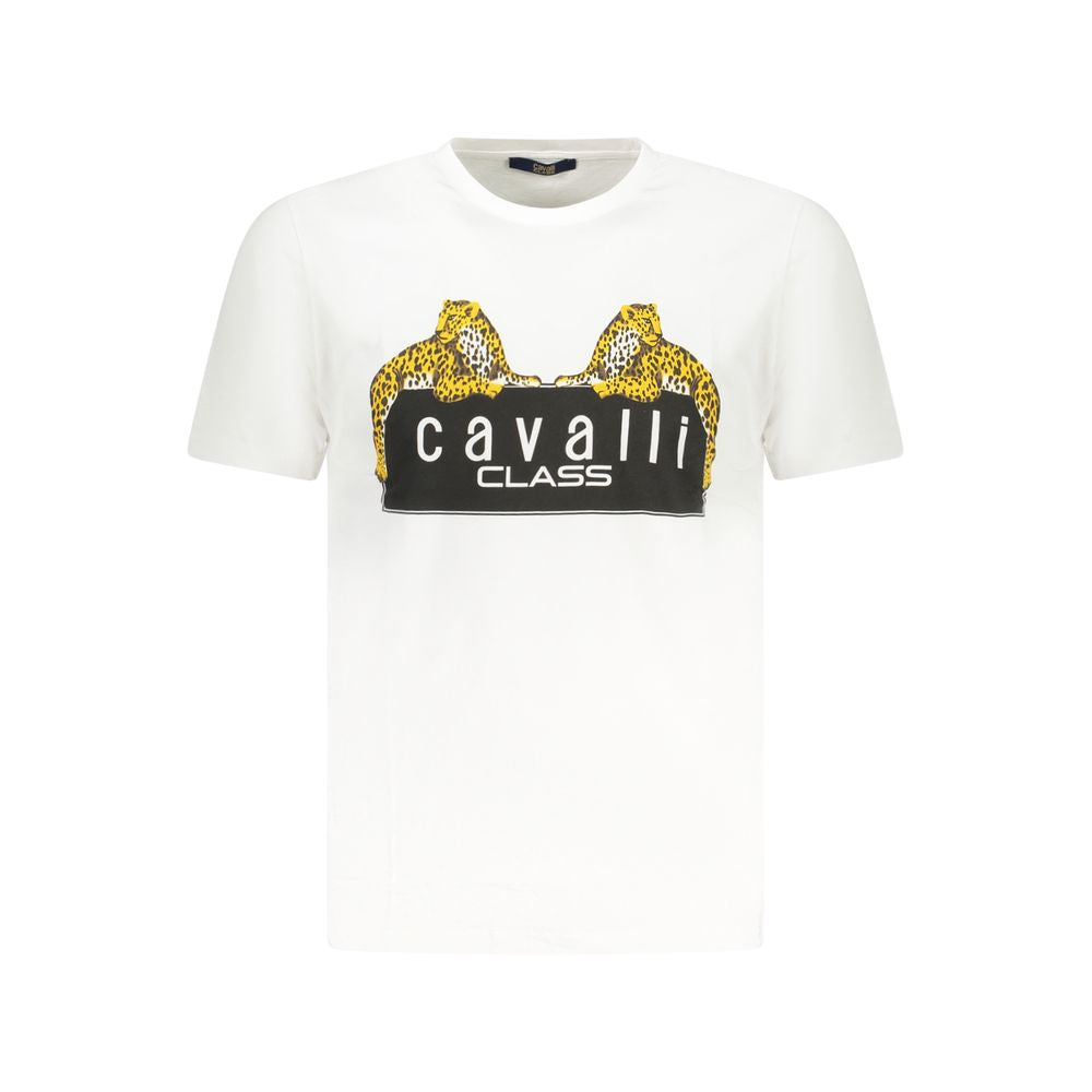 T-Shirt by Cavalli Class for men in cotton white & print showcases a dramatic silhouette, elegantly detailed with a dramatic crew neckline and short-sleeve for a truly dramatic finish.