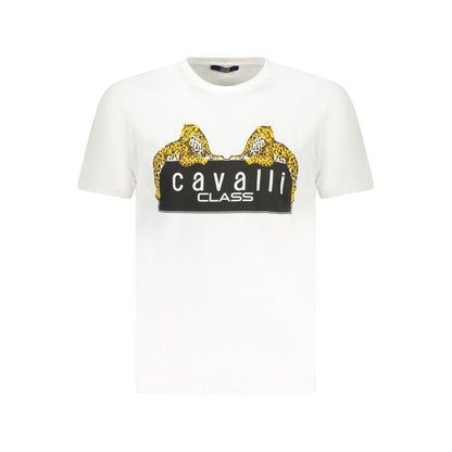 T-Shirt by Cavalli Class for men in cotton white & print showcases a dramatic silhouette, elegantly detailed with a dramatic crew neckline and short-sleeve for a truly dramatic finish.