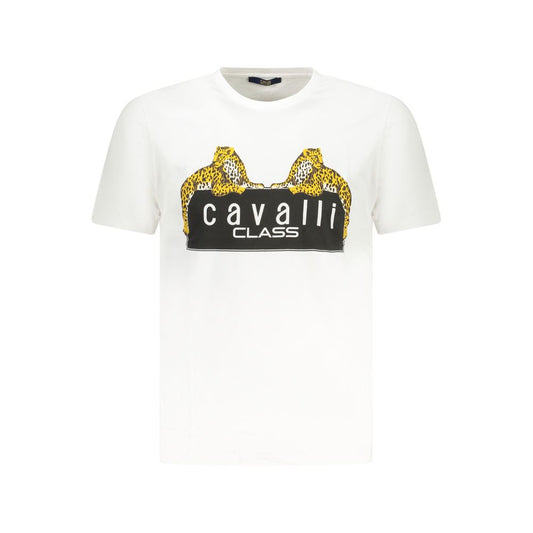 T-Shirt by Cavalli Class for men in cotton white & print showcases a dramatic silhouette, elegantly detailed with a dramatic crew neckline and short-sleeve for a truly dramatic finish.