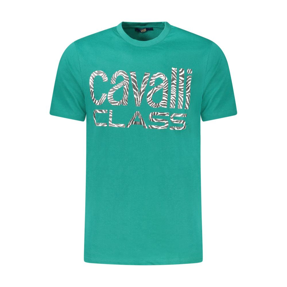 T-Shirt by Cavalli Class for men in cotton green & print features an on trend silhouette, perfectly showcasing a on trend short-sleeve and crew neckline for an elevated aesthetic.