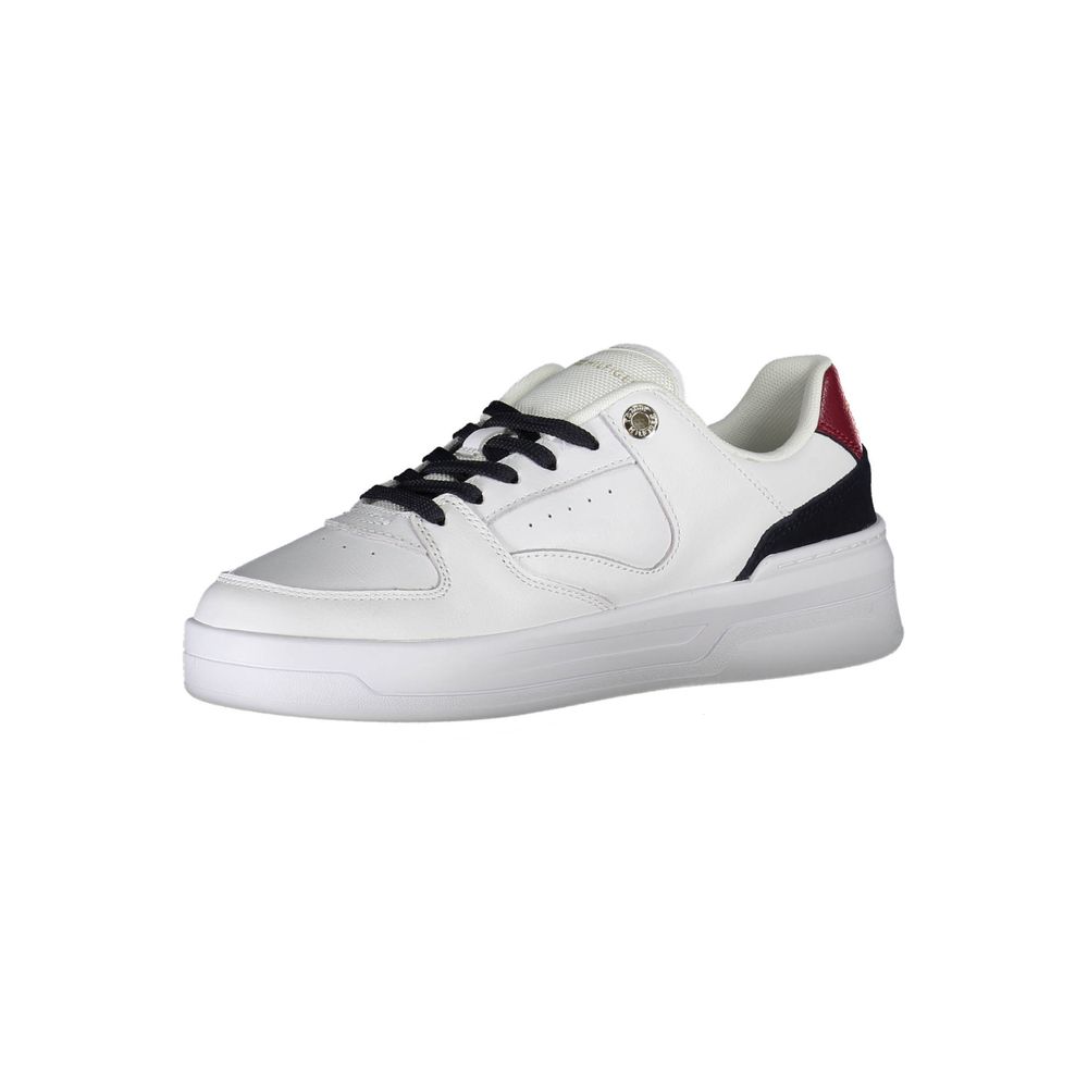 Sneakers by Tommy Hilfiger for women in polyester polyethylene leather white presents a sumptuous silhouette, artfully capturing the essence of the Women's Athletic Casual Polyester Polyethylene Leather Sneakers with its sumptuous athletic casual style design.