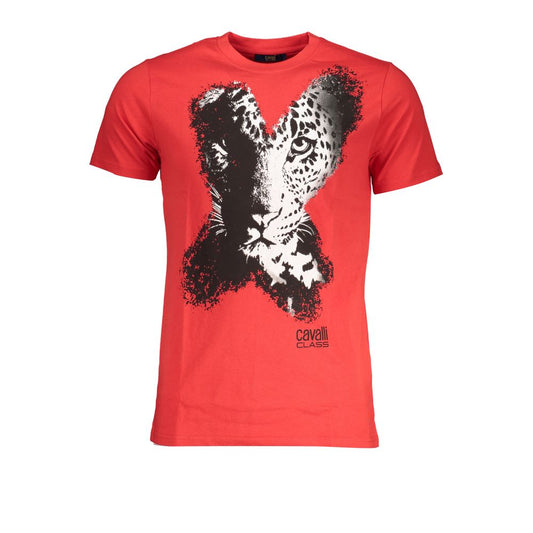 T-Shirt by Cavalli Class for men in cotton red, white & print showcases a fashionable silhouette, elegantly detailed with a fashionable and crew neckline for a sophisticated, high-fashion look.