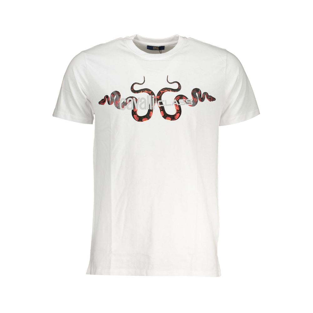 T-Shirt by Cavalli Class for men in cotton white & print showcases a chic silhouette, artfully detailed with a chic crew neckline and for a chic finish.