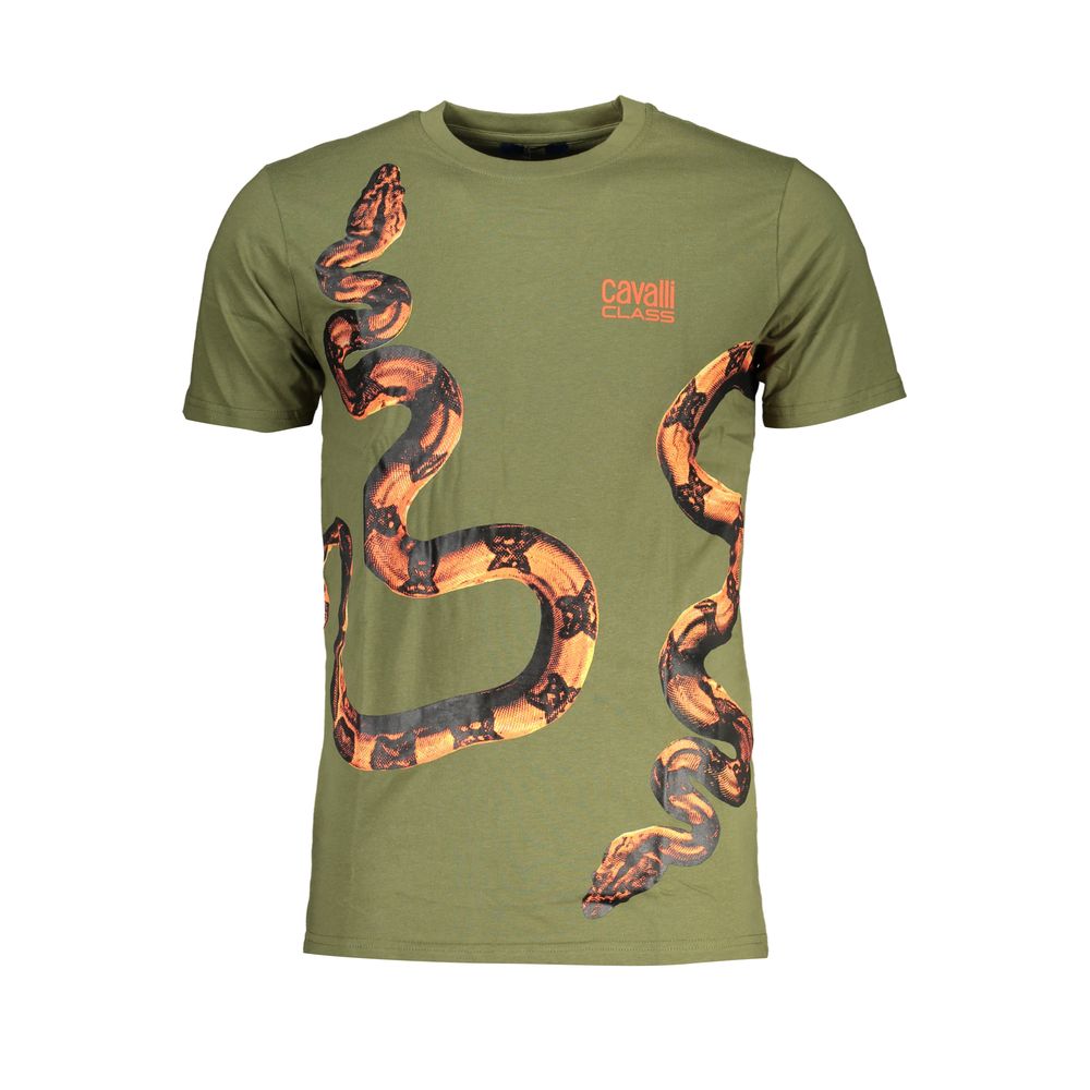 T-Shirt by Cavalli Class for men in cotton green & print features an on trend silhouette, perfectly showcasing a on trend and crew neckline for an elevated aesthetic.