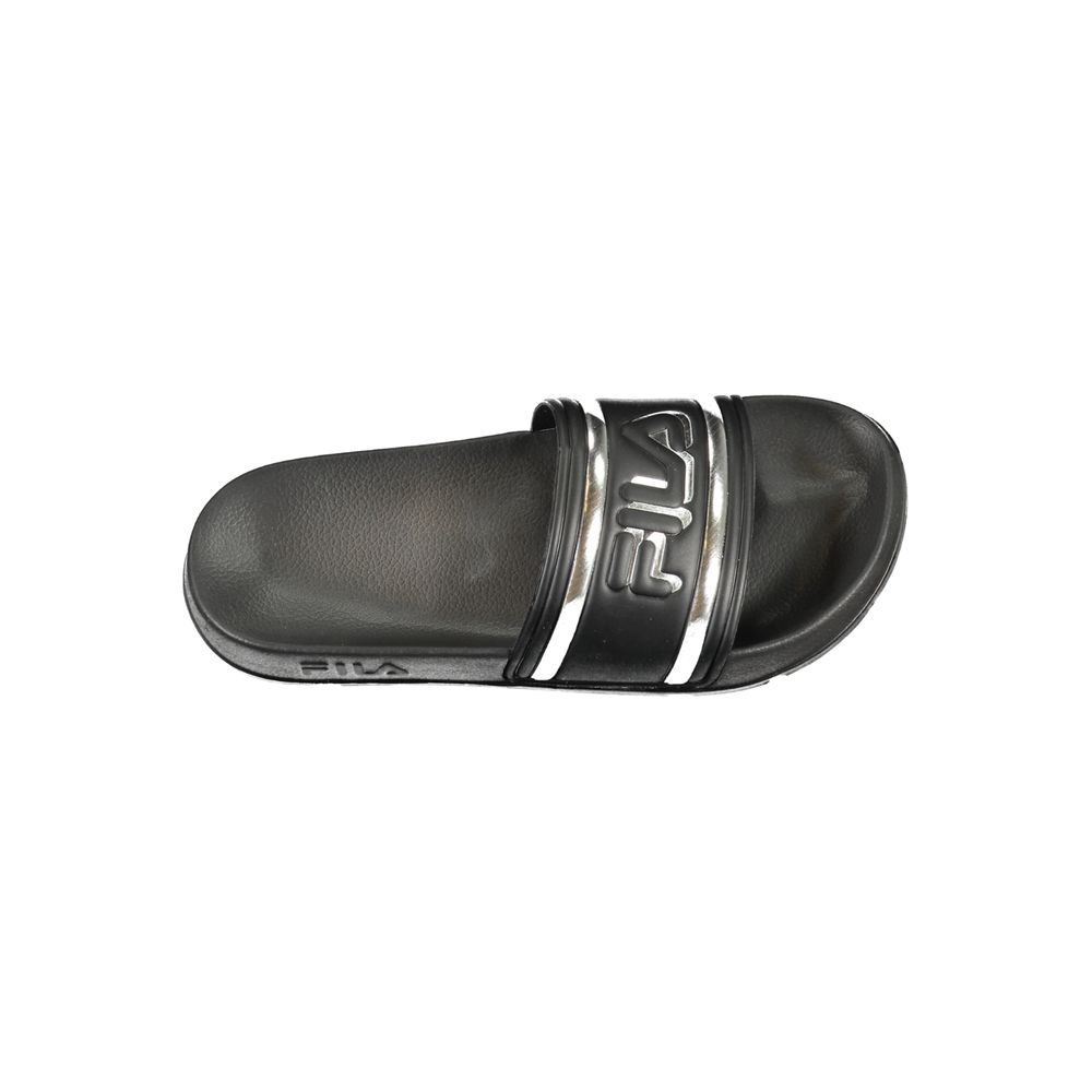 Sandals by Fila for women in polyethylene black & silver presents a sculptural silhouette, showcasing the Women's Polyethylene Sandals design with a sculptural and for a premium look.