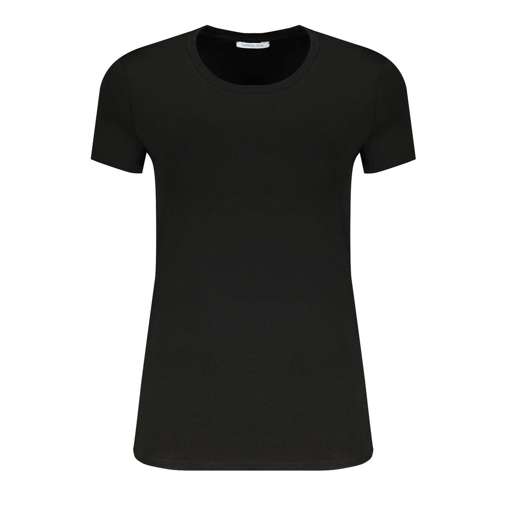 T-Shirt by Patrizia Pepe for women in stretch organic cotton & rhinestone black showcases a unassuming silhouette, artfully detailed with a refined crew neckline and unassuming short-sleeve for a sophisticated, contemporary look.