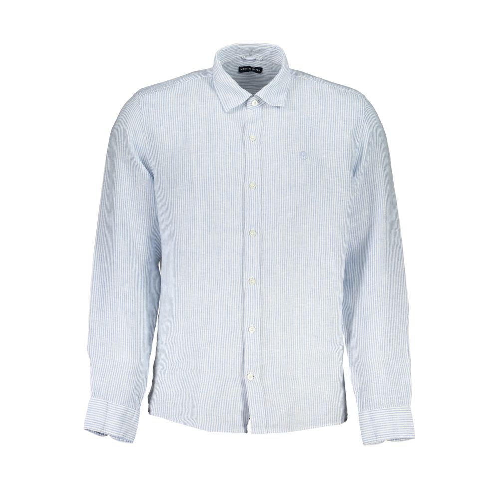 Shirt by North Sails for men in linen light-blue, signature & striped showcases a sharp silhouette, elegantly detailed with a sharp and sharp .