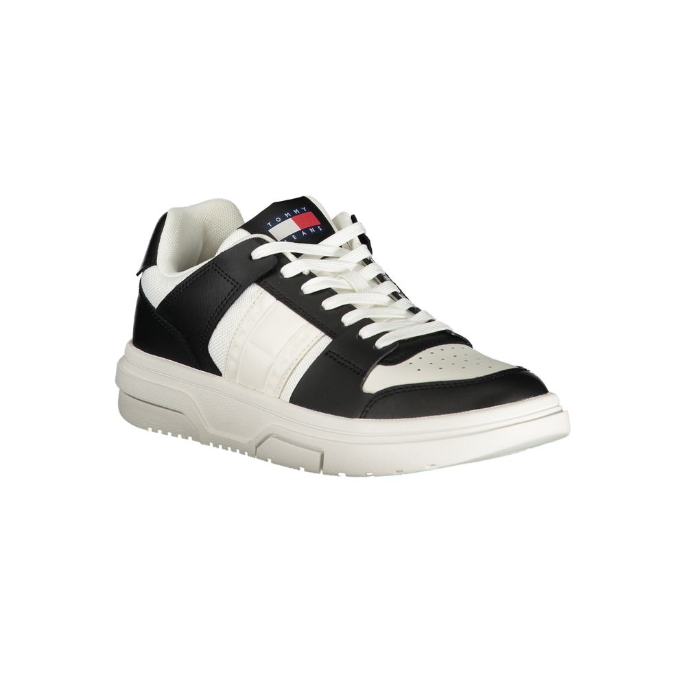 Sneakers by Tommy Hilfiger for women in polyester polyethylene leather black & white presents a sumptuous silhouette, artfully capturing the essence of the Women's Fashion Polyester Polyethylene Leather Sneakers with its sumptuous fashion style design.