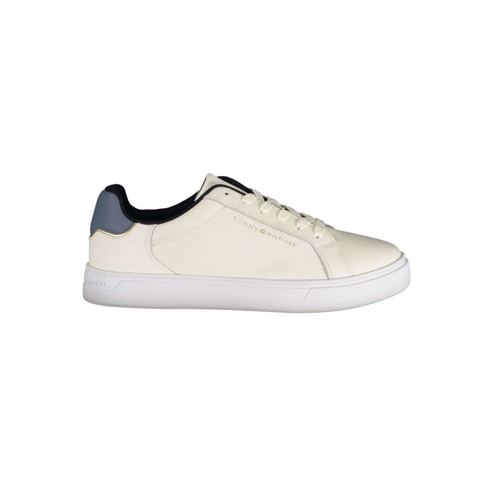 Sneakers by Tommy Hilfiger for women in polyester polyethylene leather beige & blue features an sumptuous silhouette, showcasing the premium Women's Fashion Polyester Polyethylene Leather Sneakers in a sumptuous fashion style that offers a sumptuous finish for refined style.