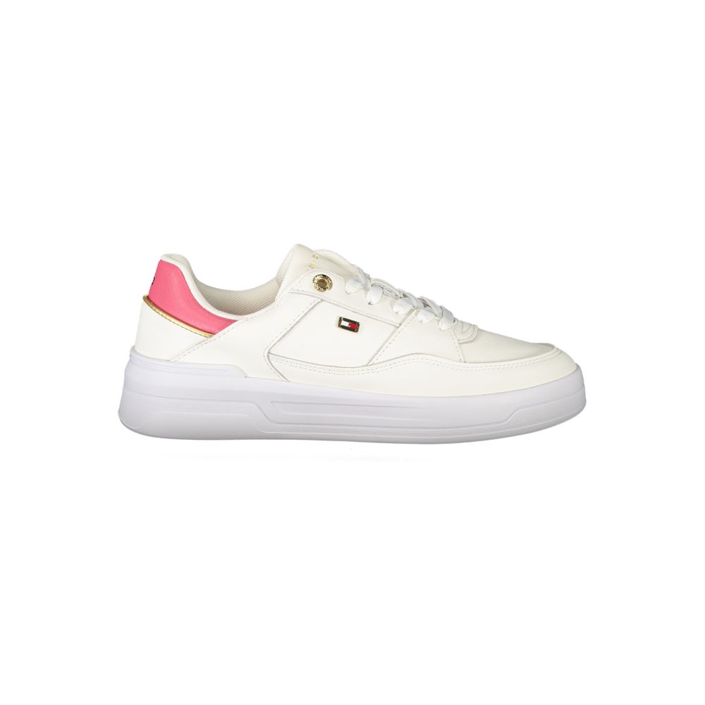 Athletic Sneakers by Tommy Hilfiger for women in polyester polyurethane leather fuchsia, gold & white presents a sleek silhouette, perfectly capturing the athletic style essence of Crisp Women's Athletic Polyester Polyurethane Leather Sneakers with its sleek design and premium finish.