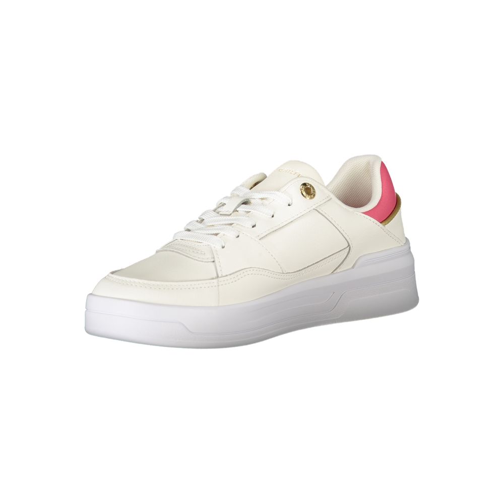 Athletic Sneakers by Tommy Hilfiger for women in polyester polyurethane leather fuchsia, gold & white features an architectural silhouette, showcasing the premium athletic style of the Crisp Women's Athletic Polyester Polyurethane Leather Sneakers with an architectural finish.