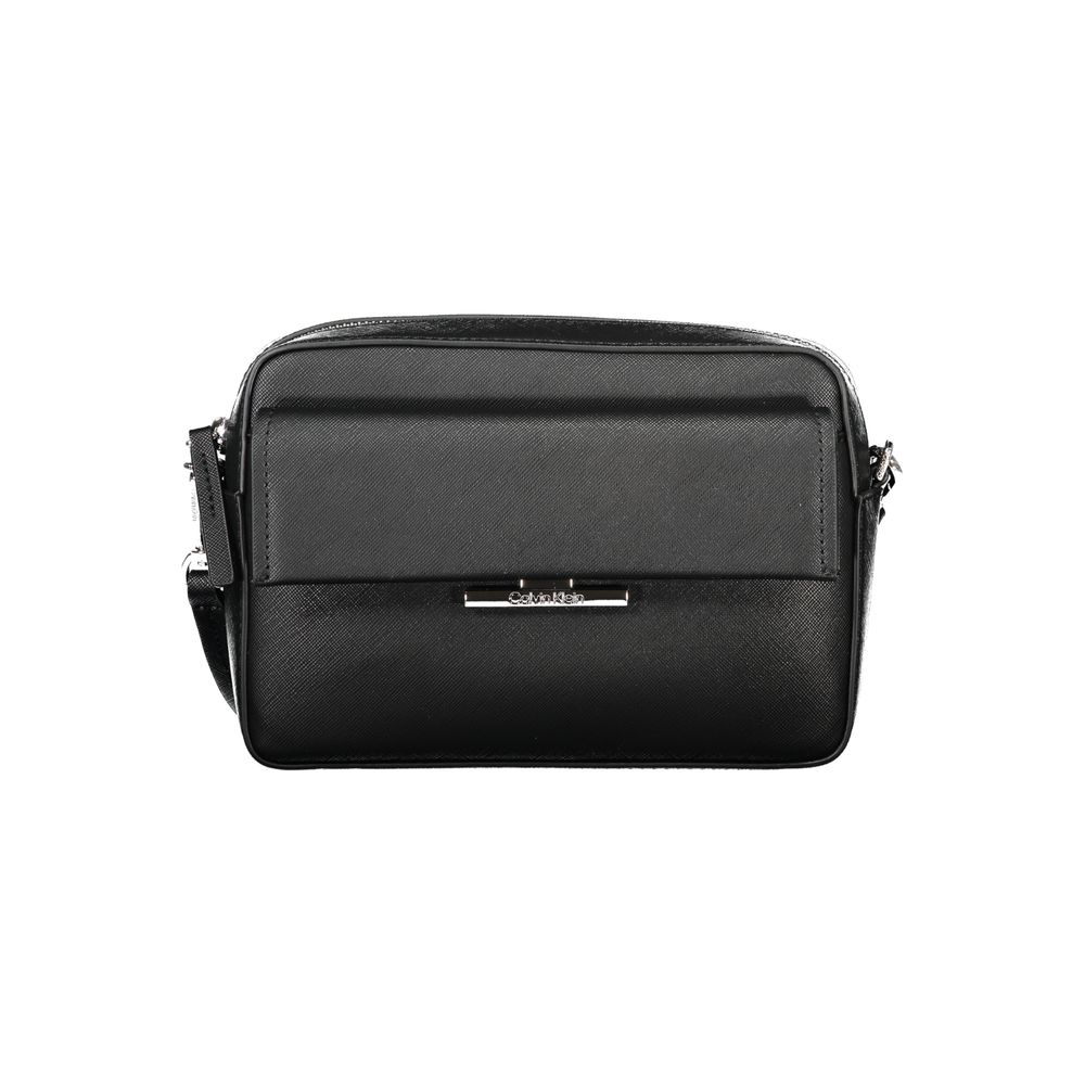 Crossbody Handbag by Calvin Klein for women in polyethylene black features a ornamental silhouette, showcasing a secure snap, ample external-pockets & internal-pockets, and ornamental crossbody-strap & adjustable-strap for a sophisticated look.