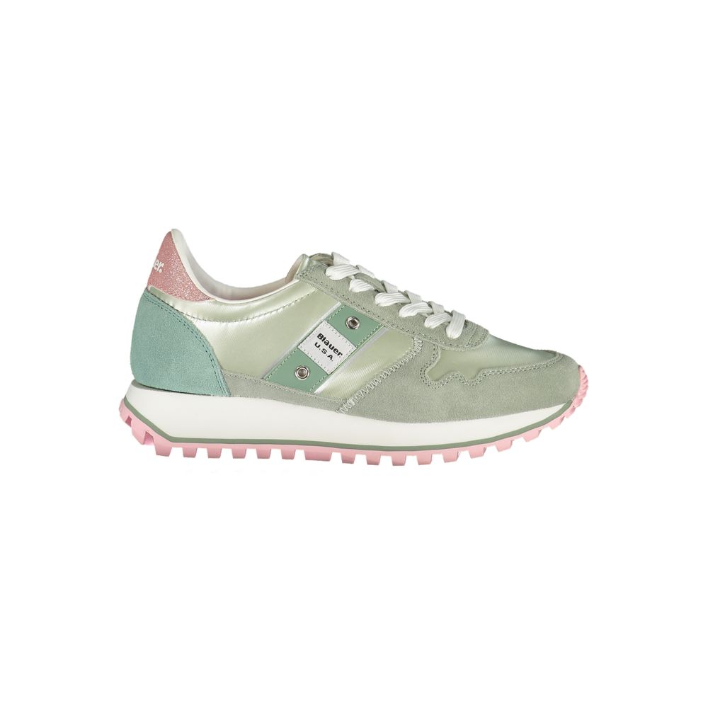 Sneakers by Blauer for women in polyester polyethylene leather green & pink presents a sumptuous silhouette as Women's Fashion Polyester Polyethylene Leather Sneakers, expertly defined by a sumptuous fashion style for a sumptuous, high-fashion look.