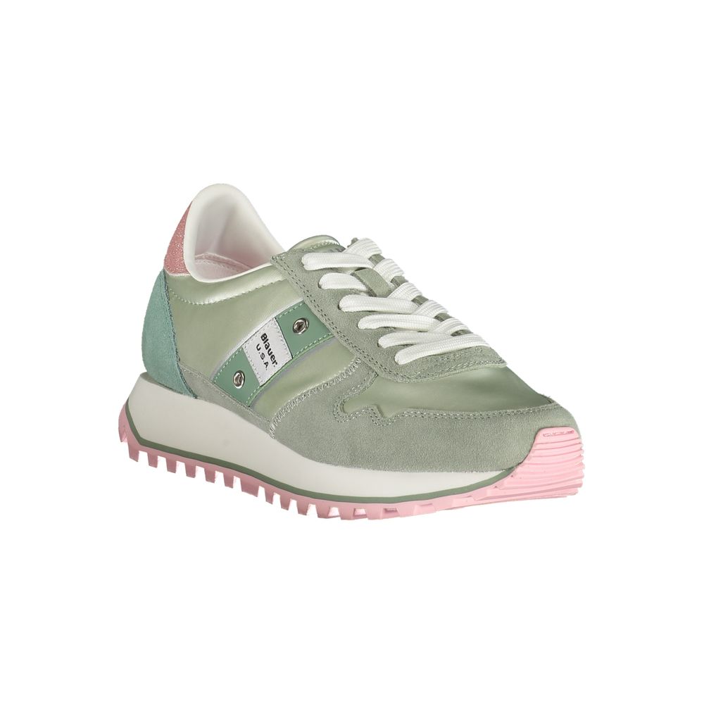 Sneakers by Blauer for women in polyester polyethylene leather green & pink presents a sumptuous silhouette, artfully capturing the essence of the Women's Fashion Polyester Polyethylene Leather Sneakers with its sumptuous fashion style design.