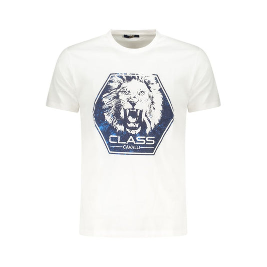 T-Shirt by Cavalli Class for men in cotton white & print showcases a unassuming silhouette, artfully detailed with a refined and unassuming short-sleeve for a sophisticated, contemporary look.