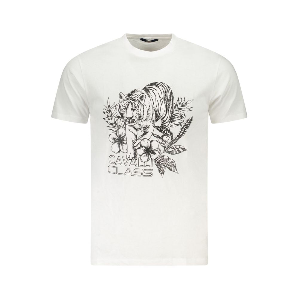 T-Shirt by Cavalli Class for men in cotton canvas white & print features an edgy silhouette, meticulously detailed with a sophisticated and crew neckline for a truly edgy finish.