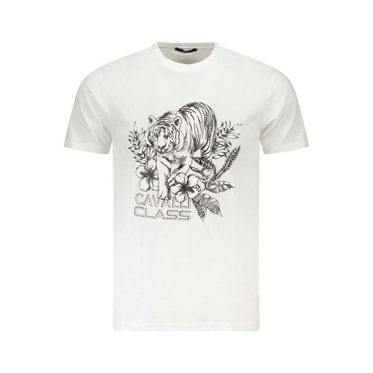 T-Shirt by Cavalli Class for men in cotton canvas white & print features an edgy silhouette, meticulously detailed with a sophisticated and crew neckline for a truly edgy finish.