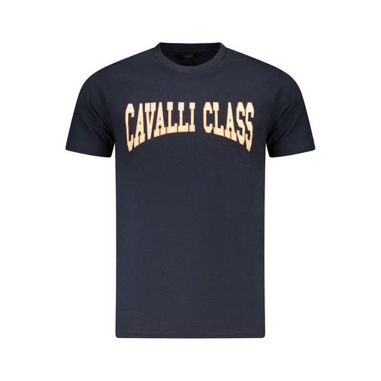 T-Shirt by Cavalli Class for men in cotton blue, signature-print & print showcases a chic silhouette, artfully detailed with a chic crew neckline and short-sleeve for a chic finish.