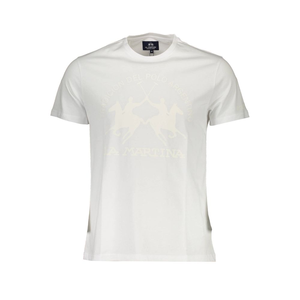 T-Shirt by La Martina for men in cotton canvas white & print showcases a fashionable silhouette, elegantly detailed with a fashionable short-sleeve and crew neckline for a sophisticated, high-fashion look.