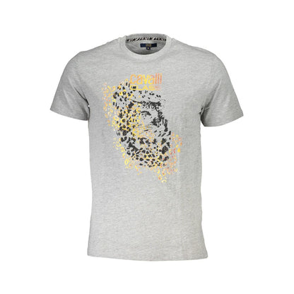 T-Shirt by Cavalli Class for men in cotton brown, gray & print features an edgy silhouette, meticulously detailed with a sophisticated short-sleeve and crew neckline for a truly edgy finish.