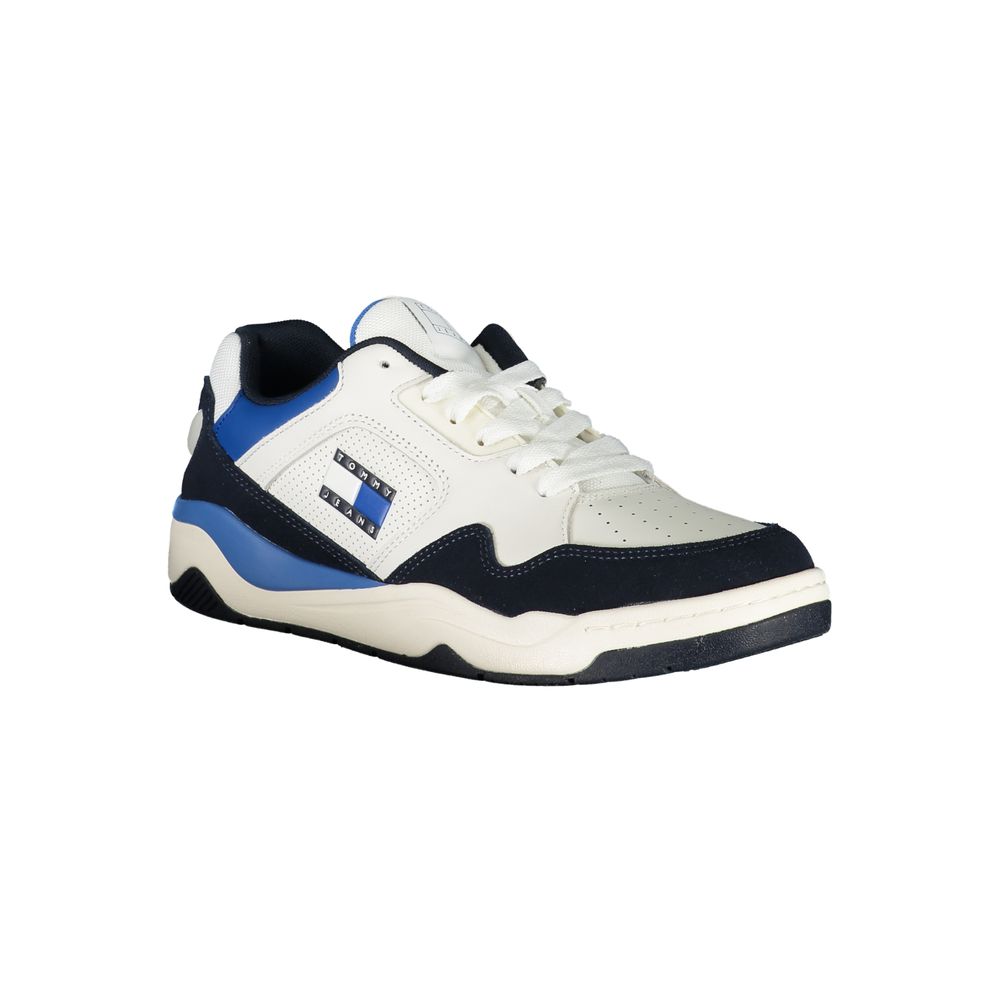 Athletic Sneakers by Tommy Hilfiger for men in polyester polyurethane leather blue & print showcases a architectural silhouette, artfully capturing the essence of the Men's Athletic Polyester Polyurethane Leather Sneakers with its signature architectural athletic style construction.