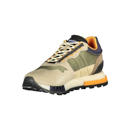 Athletic Sneakers by Blauer for men in polyester polyethylene leather green features an architectural silhouette, showcasing the premium athletic style of the Men's Athletic Polyester Polyethylene Leather Sneakers with an architectural finish.