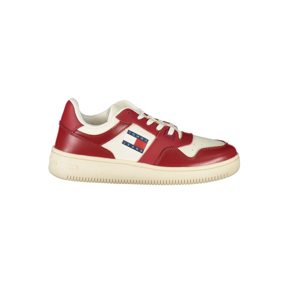 Athletic Sneakers by Tommy Hilfiger for women in polyester polyurethane leather red features an architectural silhouette, showcasing the premium athletic style of the Women's Athletic Polyester Polyurethane Leather Sneakers with an architectural finish.