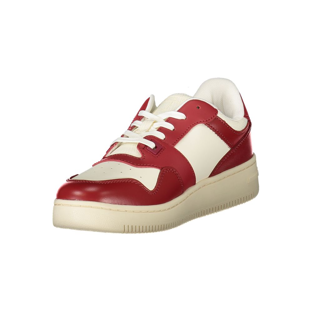 Athletic Sneakers by Tommy Hilfiger for women in polyester polyurethane leather red features an architectural silhouette from the Women's Athletic Polyester Polyurethane Leather Sneakers collection, showcasing a architectural athletic style for a architectural look.