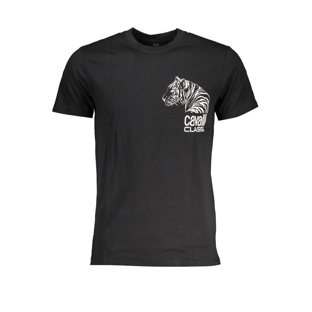T-Shirt by Cavalli Class for men in cotton black & print showcases a dramatic silhouette, elegantly detailed with a dramatic crew neckline and for a truly dramatic finish.