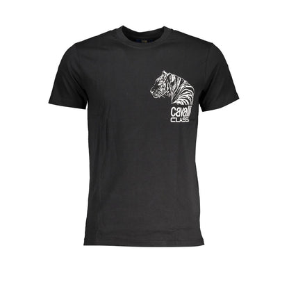 T-Shirt by Cavalli Class for men in cotton black & print showcases a dramatic silhouette, elegantly detailed with a dramatic crew neckline and for a truly dramatic finish.