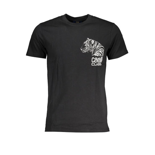 T-Shirt by Cavalli Class for men in cotton black & print showcases a dramatic silhouette, elegantly detailed with a dramatic crew neckline and for a truly dramatic finish.
