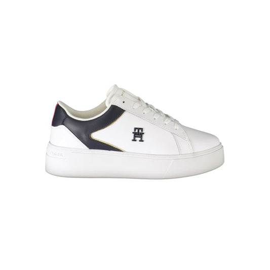 Athletic Sneakers by Tommy Hilfiger for women in polyester white & print showcases a architectural silhouette, artfully capturing the essence of the Women's Athletic Polyester Sneakers with its signature architectural athletic style construction.