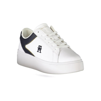 Athletic Sneakers by Tommy Hilfiger for women in polyester white & print features an architectural silhouette from the Women's Athletic Polyester Sneakers collection, showcasing a architectural athletic style for a architectural look.