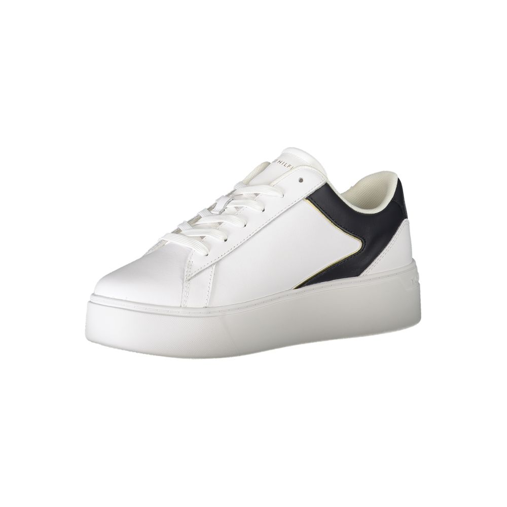 Athletic Sneakers by Tommy Hilfiger for women in polyester white & print features an architectural silhouette, showcasing the premium athletic style of the Women's Athletic Polyester Sneakers with an architectural finish.