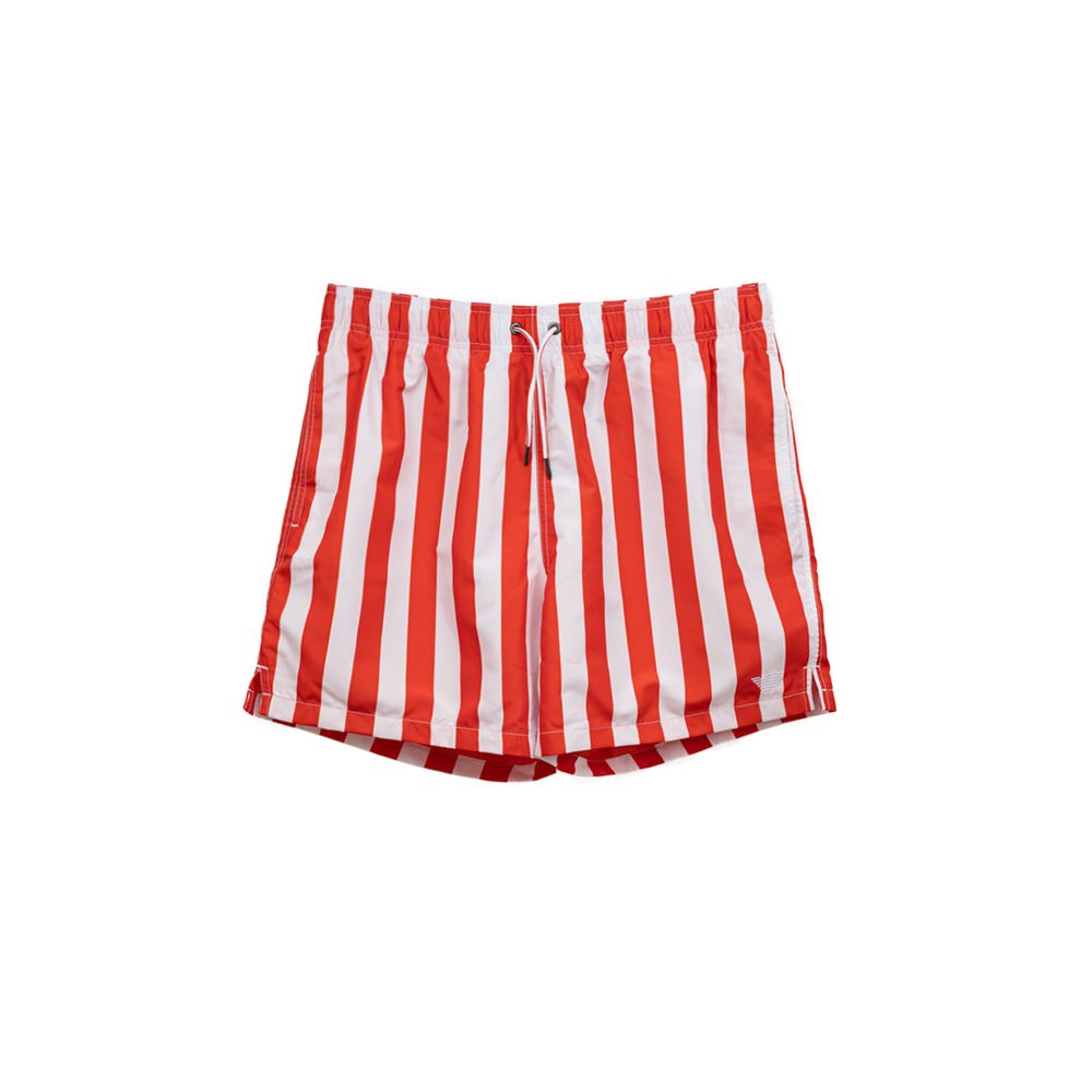 Swim Shorts by Emporio Armani for men in polyester & mesh red, white & striped features an dramatic silhouette that defines the luxurious aesthetic and refined cut of the Men's Polyester & Mesh Swim Shorts.