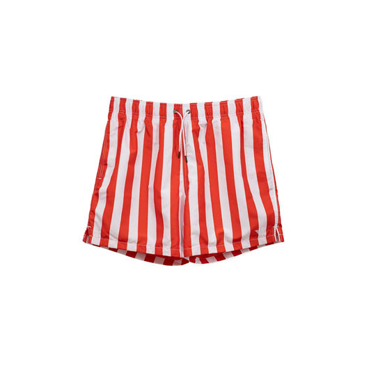 Swim Shorts by Emporio Armani for men in polyester & mesh red, white & striped features an dramatic silhouette that defines the luxurious aesthetic and refined cut of the Men's Polyester & Mesh Swim Shorts.