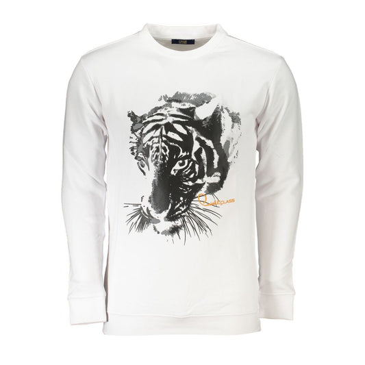 Sweatshirt by Cavalli Class for men in cotton polyester white & print features an exquisite silhouette, showcasing long-sleeve and crew neckline details for a exquisite look.