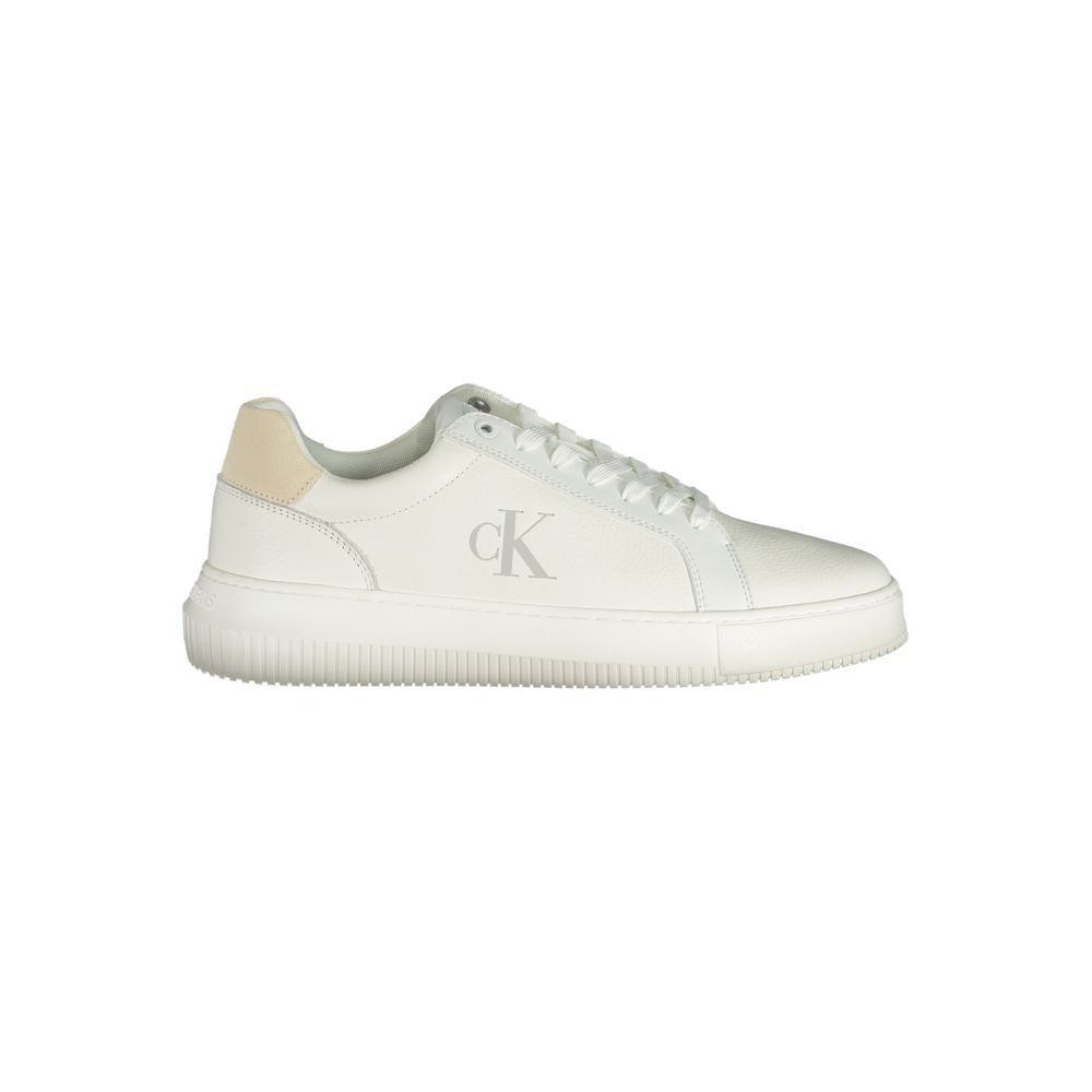 Sneakers by Calvin Klein for men in polyester polyethylene leather white presents a sumptuous silhouette, artfully capturing the essence of the Crisp Men's Fashion Polyester Polyethylene Leather Sneakers with its sumptuous fashion style design.