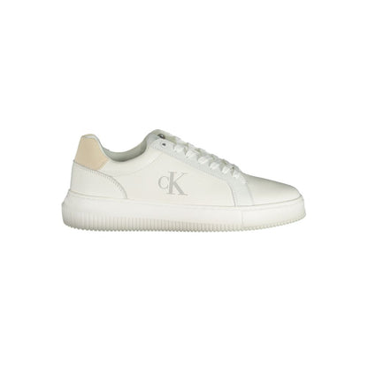 Sneakers by Calvin Klein for men in polyester polyethylene leather white presents a sumptuous silhouette, artfully capturing the essence of the Crisp Men's Fashion Polyester Polyethylene Leather Sneakers with its sumptuous fashion style design.