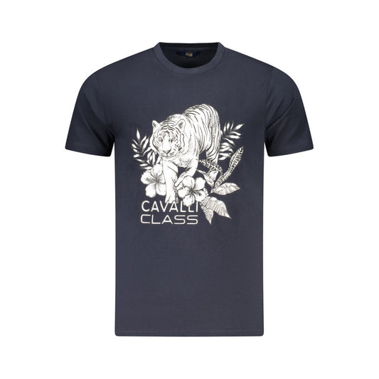 T-Shirt by Cavalli Class for men in cotton blue & print features an on trend silhouette, perfectly showcasing a on trend short-sleeve and crew neckline for an elevated aesthetic.
