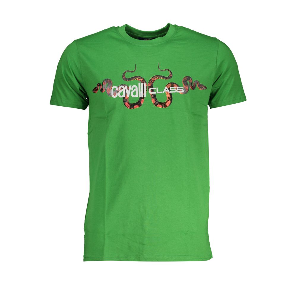 T-Shirt by Cavalli Class for men in cotton green & print features an on trend silhouette, perfectly showcasing a on trend and crew neckline for an elevated aesthetic.