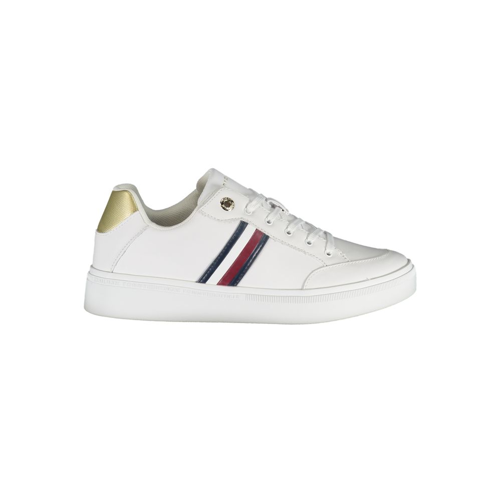 Sneakers by Tommy Hilfiger for women in polyester polyethylene leather white presents a sumptuous silhouette, artfully capturing the essence of the Women's Fashion Polyester Polyethylene Leather Sneakers with its sumptuous fashion style design.