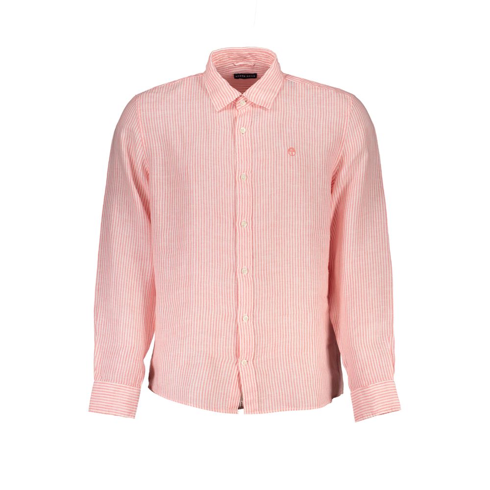 Shirt by North Sails for men in organic cotton & linen pink & striped showcases a sleek silhouette, elegantly detailed with a sleek and for a sleek finish.