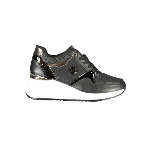Athletic Sneakers by Laura Biagiotti for women in calf leather & polyester black presents a sleek silhouette, perfectly capturing the athletic style essence of Women's Athletic Calf Leather & Polyester Sneakers with its sleek design and premium finish.