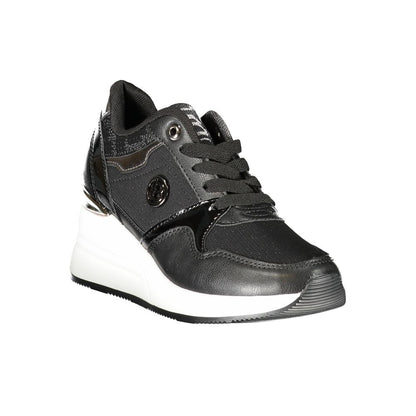 Athletic Sneakers by Laura Biagiotti for women in calf leather & polyester black features an architectural silhouette, showcasing the premium athletic style of the Women's Athletic Calf Leather & Polyester Sneakers with an architectural finish.