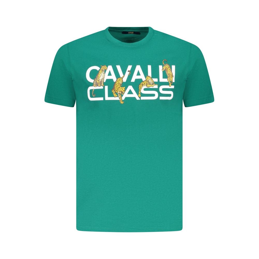T-Shirt by Cavalli Class for men in cotton green & print features an on trend silhouette, perfectly showcasing a on trend short-sleeve and for an elevated aesthetic.