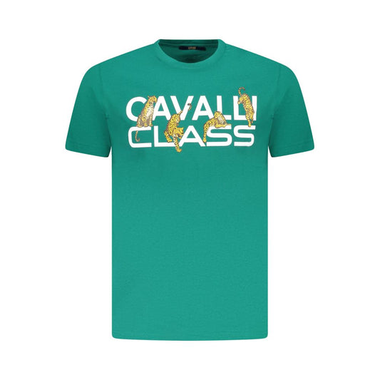 T-Shirt by Cavalli Class for men in cotton green & print features an on trend silhouette, perfectly showcasing a on trend short-sleeve and for an elevated aesthetic.